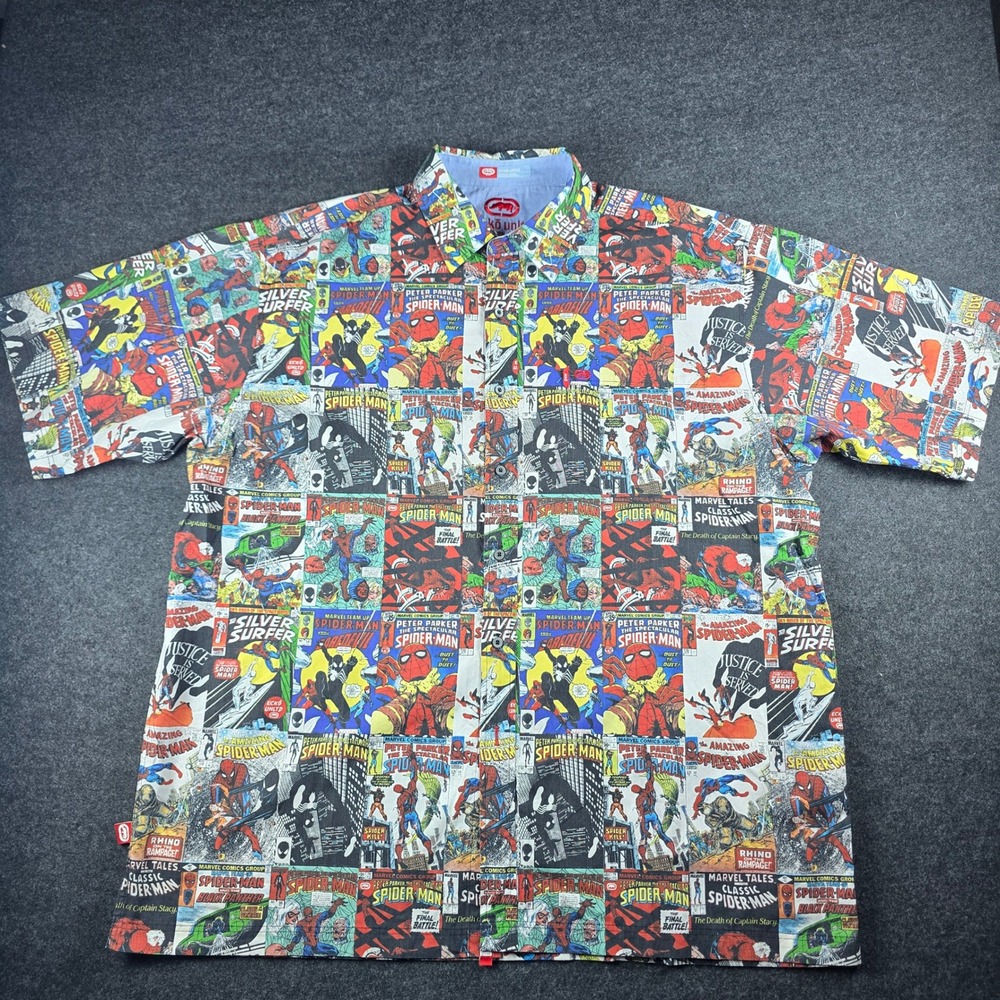 Vtg Ecko Unltd Men's Spiderman Print Short Sleeve Woven Camp Shirt Size XXL